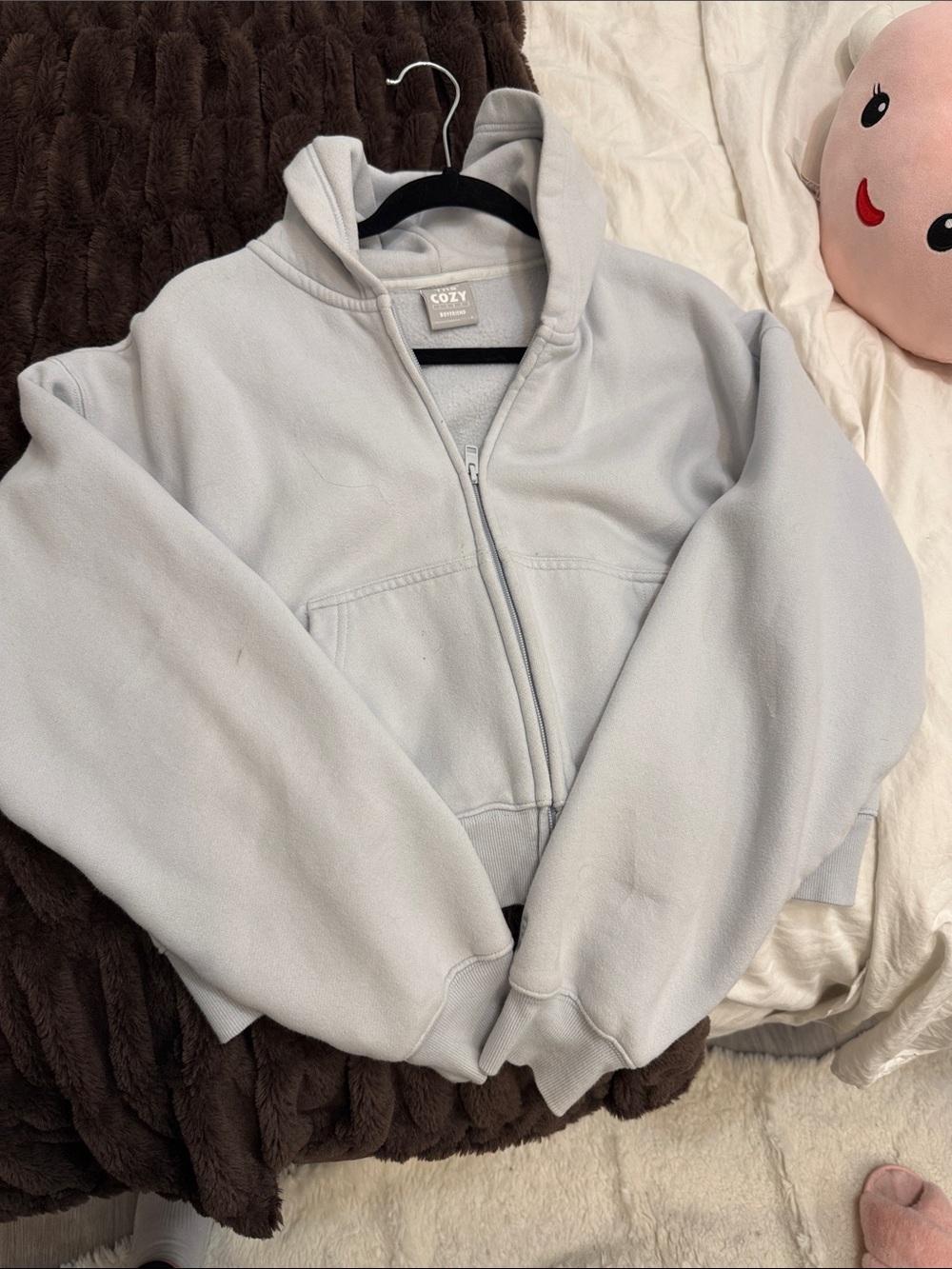 TNA Cozy Fleece Boyfriend Zip-Up Hoodie in Light blue Gray